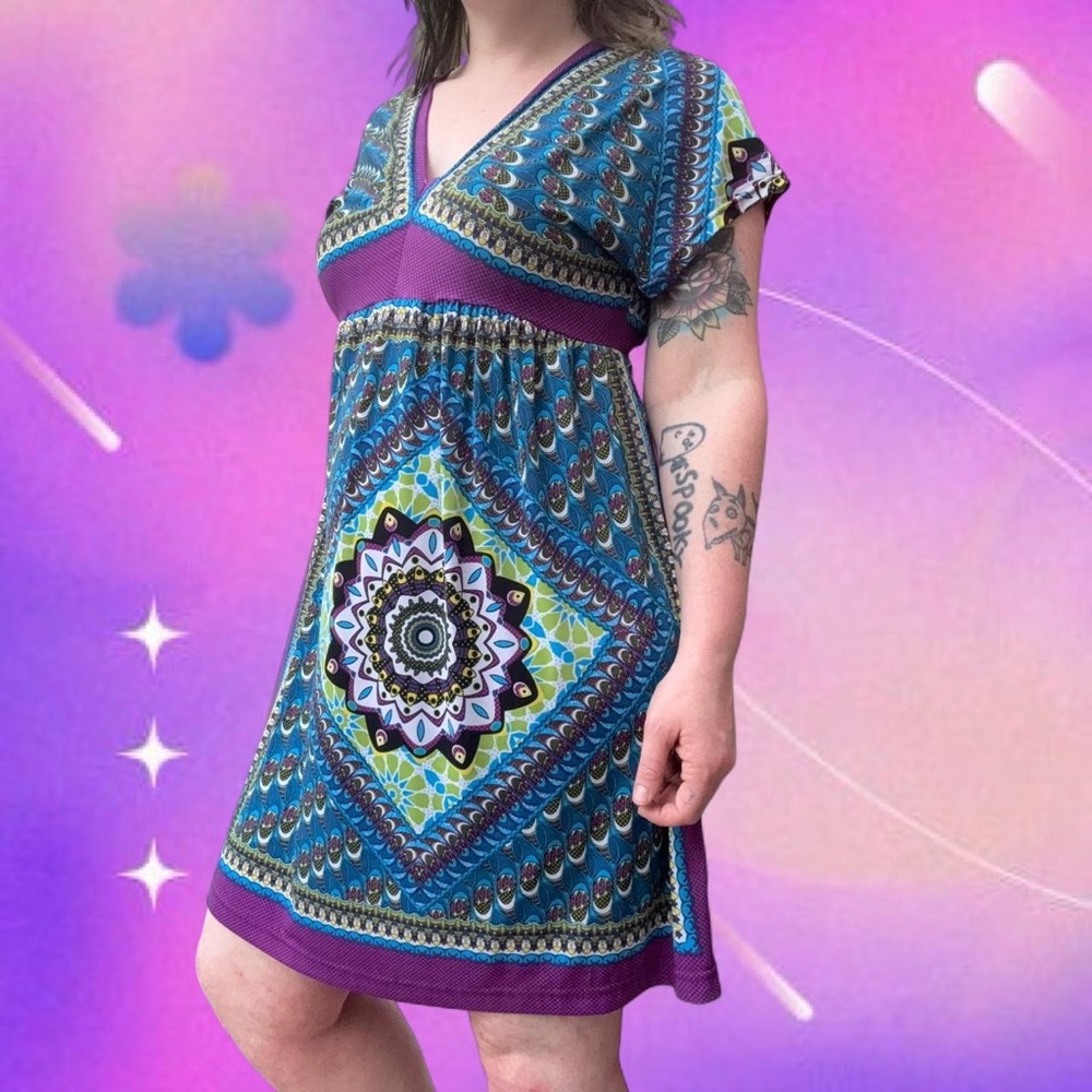 vtg y2k chesley boho chic hippie festival mandala print babydoll dress, sz md